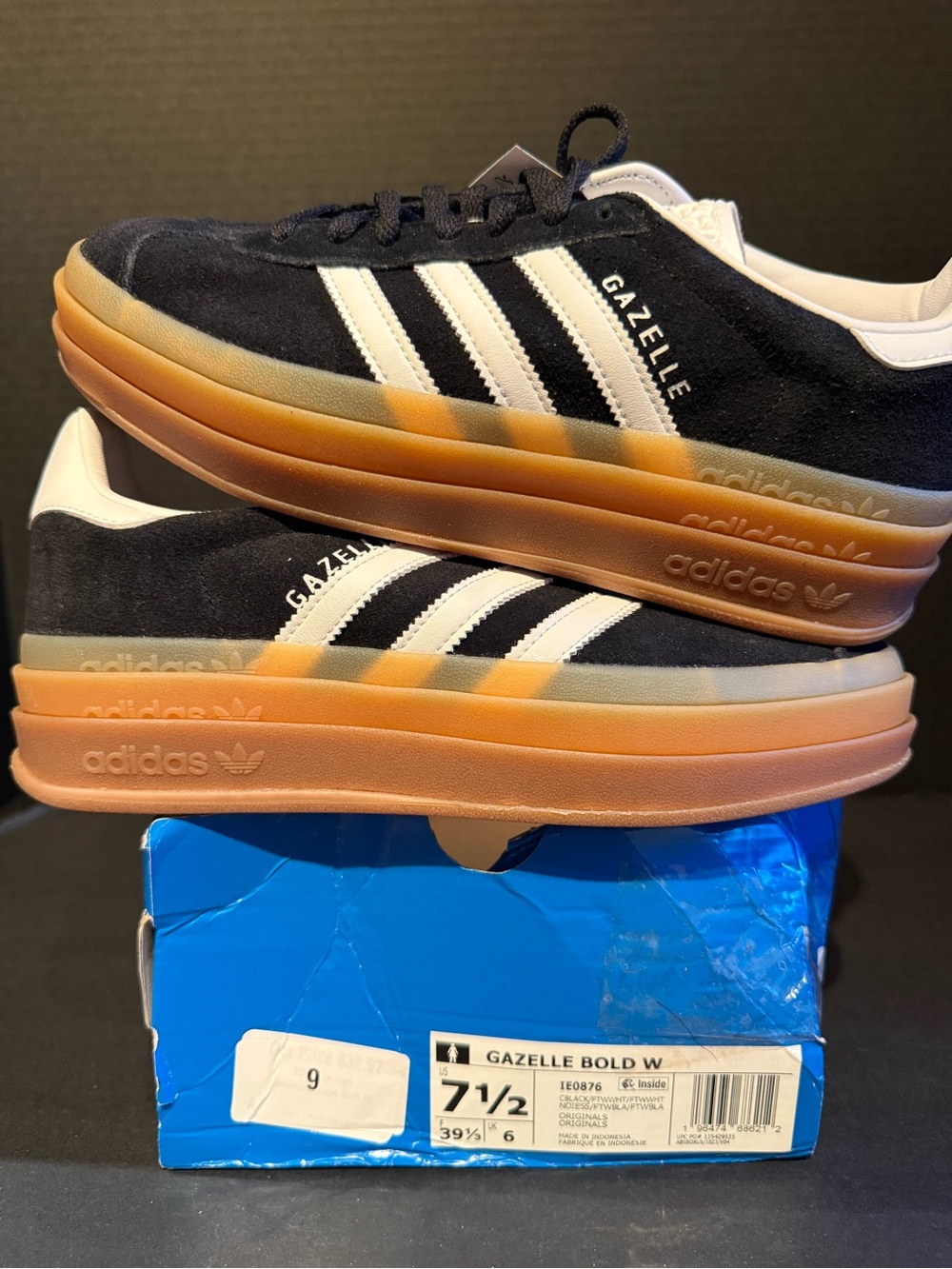 adidas Gazelle Bold W Black and White with Gum Platform Sole 7.5W